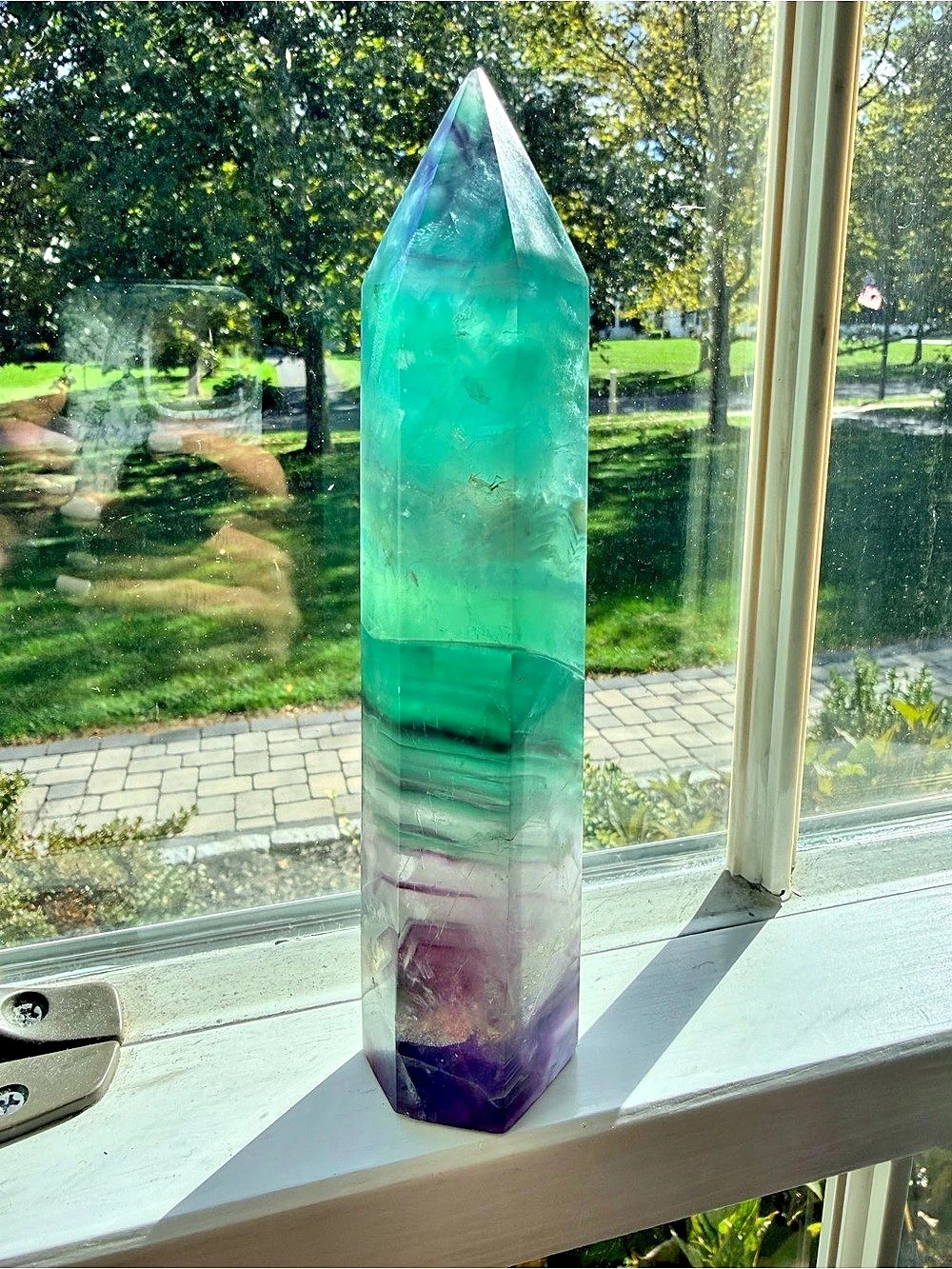Large 7” Rainbow Fluorite Crystal Tower Green & Purple Sculpture
